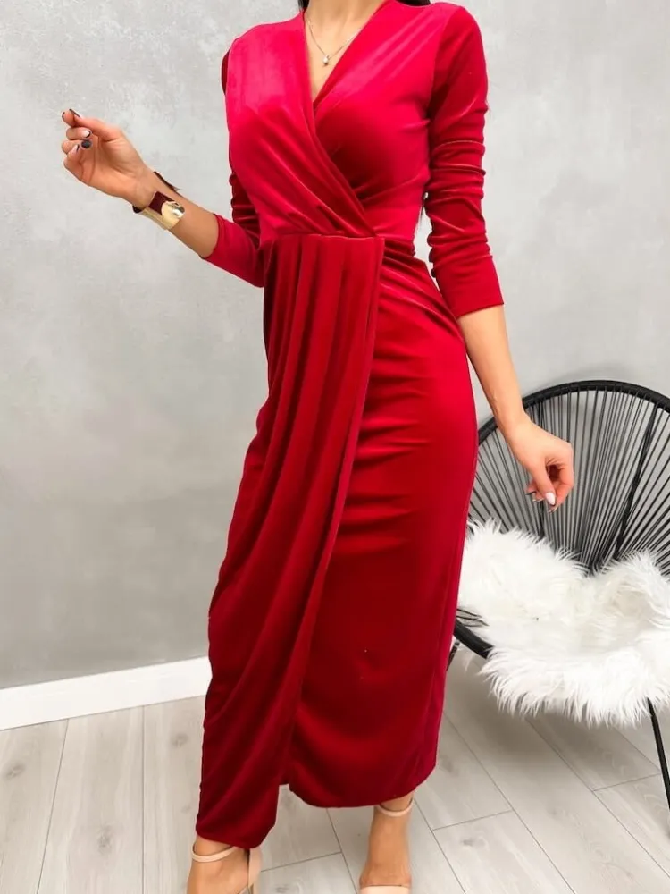 Czerwona Welurowa Sukienka Maxi z Rozporkiem 13228-292-C|Modna Kiecka Outlet