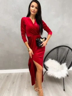 Czerwona Welurowa Sukienka Maxi z Rozporkiem 13228-292-C|Modna Kiecka Outlet