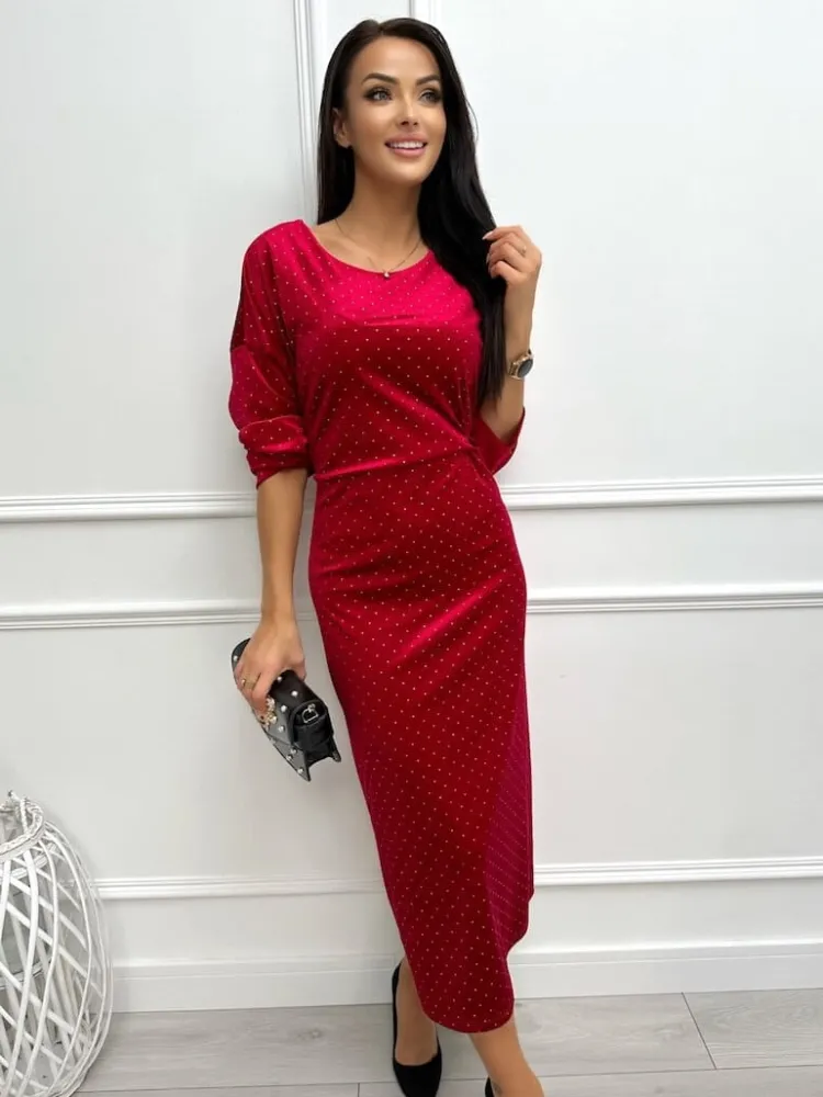 Czerwona Welurowa Sukienka w Srebrne Kropki 13362-70-C|Modna Kiecka Outlet
