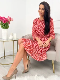 Czerwona Wzorzysta Sukienka z Wiązaniem  9719-251-Q|Modna Kiecka New