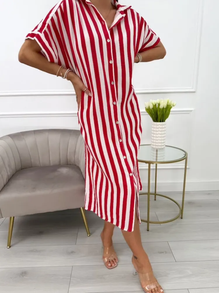 Czerwono-Biała Sukienka w Paski Oversize 13994-20-C|Modna Kiecka Sale