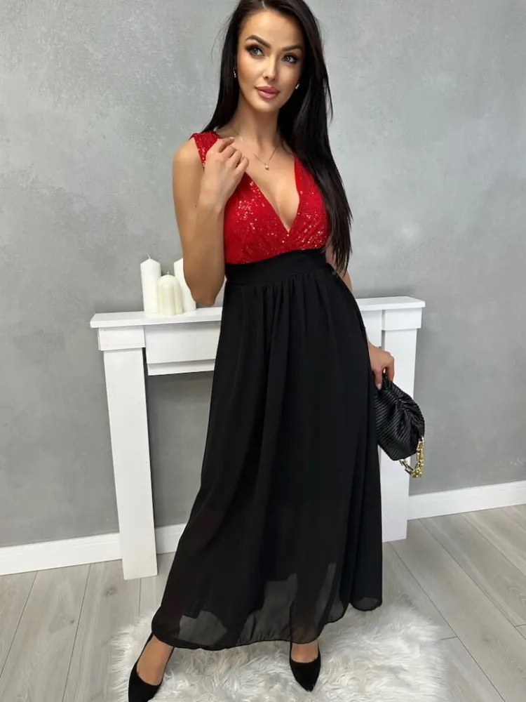 Czerwono-Czarna Sukienka Maxi z Cekinami 13407-331-B|Modna Kiecka Best