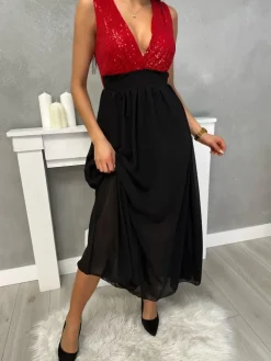 Czerwono-Czarna Sukienka Maxi z Cekinami 13407-331-B|Modna Kiecka Best