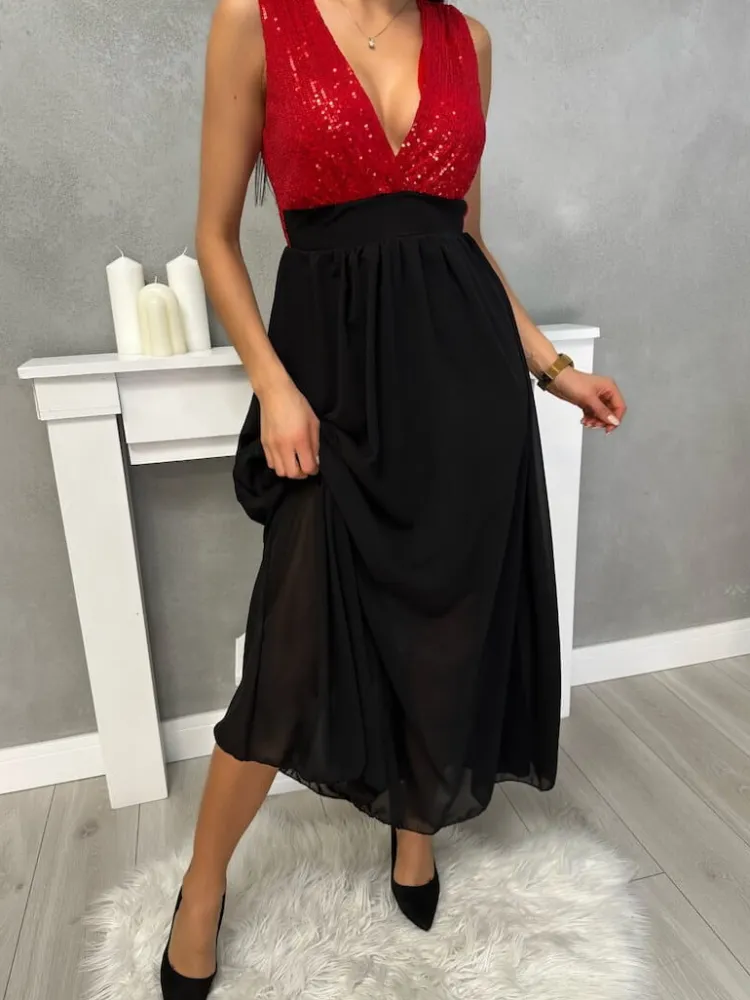 Czerwono-Czarna Sukienka Maxi z Cekinami 13407-331-B|Modna Kiecka Best