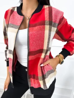 Czerwono-Kremowa Bluza w Kratę 12695-142-C|Modna Kiecka Sale