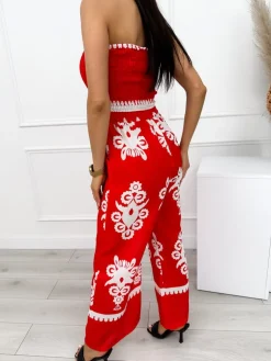 Czerwony Kombinezon w Kremowy Wzór 12546-413-A|Modna Kiecka Outlet