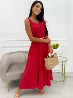 Czerwony Luźny Kombinezon z Ozdobną Broszką 13942-321-C|Modna Kiecka Discount