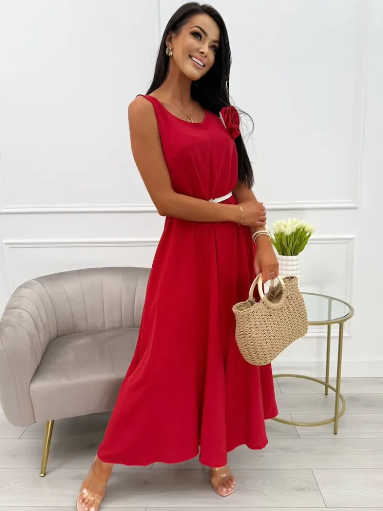 Czerwony Luźny Kombinezon z Ozdobną Broszką 13942-321-C|Modna Kiecka Discount