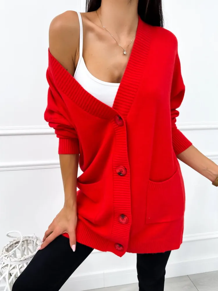 Czerwony Rozpinany Sweter z Kieszonkami 12635-140-C|Modna Kiecka Outlet