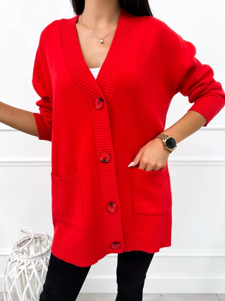 Czerwony Rozpinany Sweter z Kieszonkami 12635-140-C|Modna Kiecka Outlet