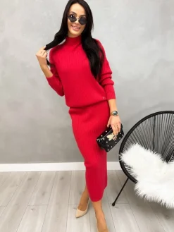 Czerwony Sweterkowy Komplet ze Spódnicą 13206-247-E|Modna Kiecka Outlet