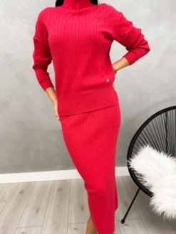 Czerwony Sweterkowy Komplet ze Spódnicą 13206-247-E|Modna Kiecka Outlet
