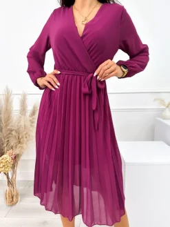 Fioletowa Plisowana Sukienka z Paseczkiem 11005-110-C|Modna Kiecka Fashion