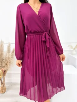 Fioletowa Plisowana Sukienka z Paseczkiem 11005-110-C|Modna Kiecka Fashion