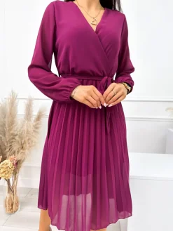 Fioletowa Plisowana Sukienka z Paseczkiem 11005-110-C|Modna Kiecka Fashion