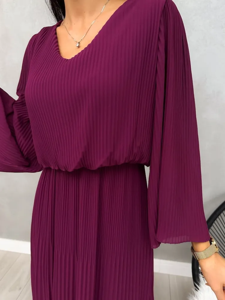 Fioletowa Plisowana Sukienka Midi 13192-401-F|Modna Kiecka Sale