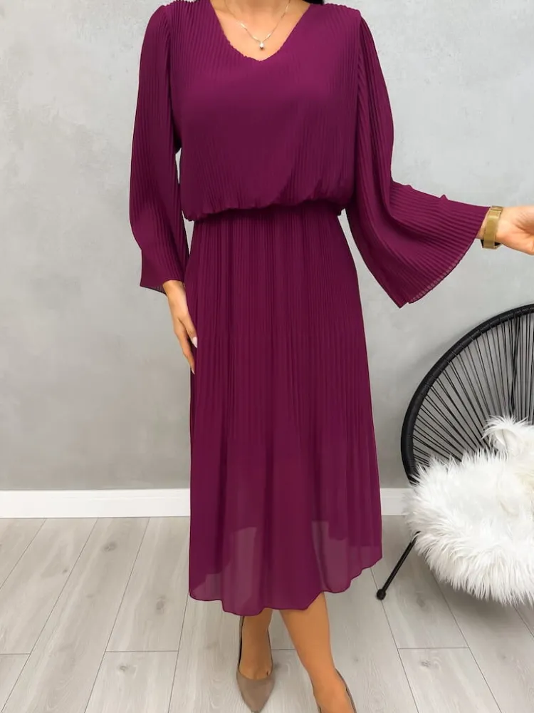 Fioletowa Plisowana Sukienka Midi 13192-401-F|Modna Kiecka Sale