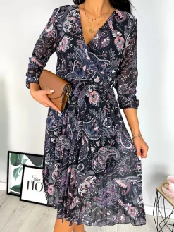 Fioletowa Plisowana Sukienka ze Wzorem 11831-353-A|Modna Kiecka Fashion