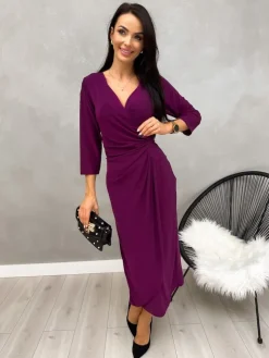Fioletowa Połyskująca Sukienka z Marszczeniem 13212-289-D|Modna Kiecka Fashion