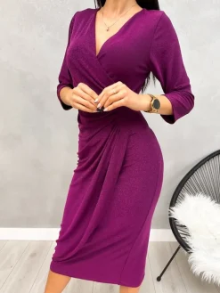 Fioletowa Połyskująca Sukienka z Marszczeniem 13212-289-D|Modna Kiecka Fashion