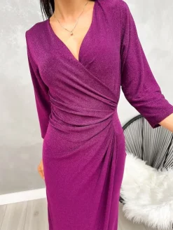 Fioletowa Połyskująca Sukienka z Marszczeniem 13212-289-D|Modna Kiecka Fashion