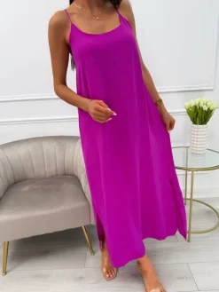 Fioletowa Sukienka Maxi na Ramiączkach 13880-143-C|Modna Kiecka New