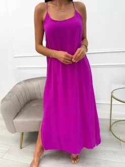 Fioletowa Sukienka Maxi na Ramiączkach 13880-143-C|Modna Kiecka New