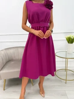 Fioletowa Sukienka z Broszką i Paskiem 13878-284-C|Modna Kiecka Outlet