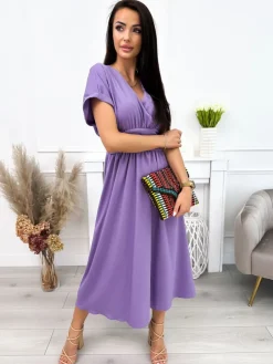 Fioletowa Sukienka z Kopertowym Dekoltem 12143-242-C|Modna Kiecka Sale