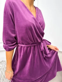 Fioletowa Welurowa Sukienka z Paskiem 11275-246-C|Modna Kiecka Sale