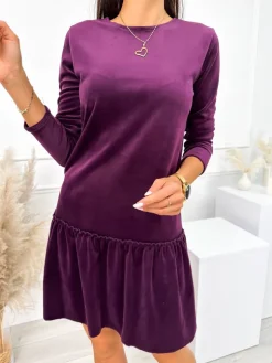 Fioletowa Welurowa Sukienka z Falbanką 10859-293-D|Modna Kiecka Sale