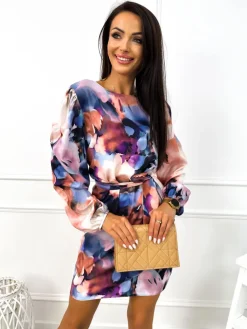 Fioletowo-Beżowa Sukienka z Paskiem 12841-353-B|Modna Kiecka Fashion