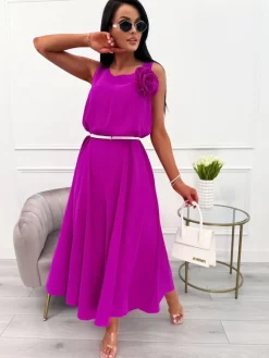 Fioletowy Luźny Kombinezon z Ozdobną Broszką 13942-321-D|Modna Kiecka Fashion