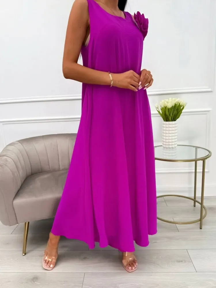 Fioletowy Luźny Kombinezon z Ozdobną Broszką 13942-321-D|Modna Kiecka Fashion