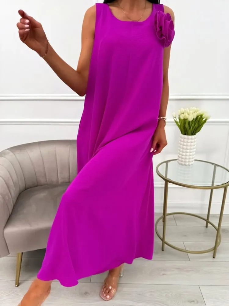 Fioletowy Luźny Kombinezon z Ozdobną Broszką 13942-321-D|Modna Kiecka Fashion