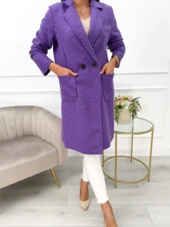 Fioletowy Płaszcz z Kieszeniami 10793-280-J|Modna Kiecka Outlet
