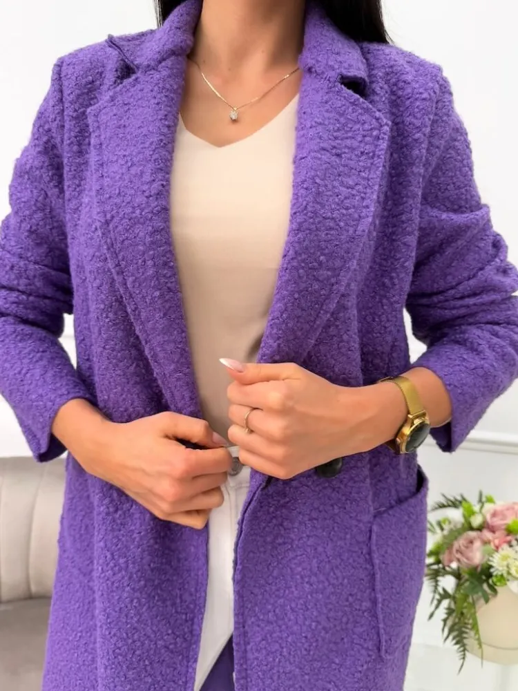 Fioletowy Płaszcz z Kieszeniami 10793-280-J|Modna Kiecka Outlet