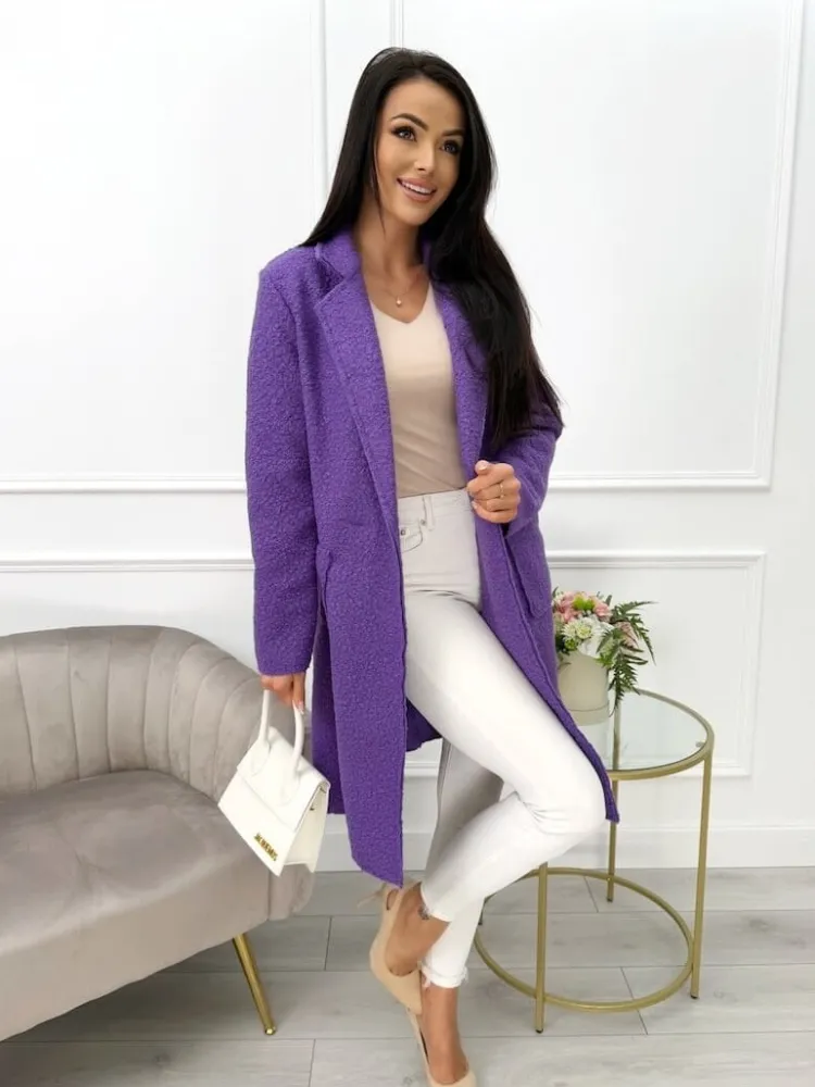 Fioletowy Płaszcz z Kieszeniami 10793-280-J|Modna Kiecka Outlet
