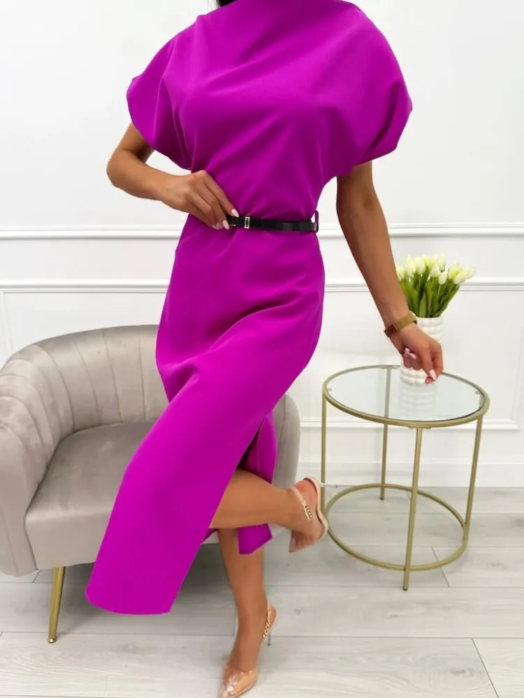 Fuksjowa Sukienka Midi z Paskiem 13851-408-A|Modna Kiecka New