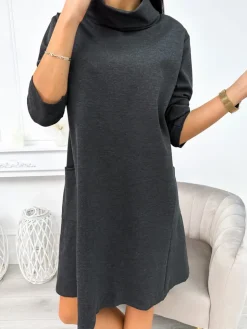 Grafitowa Sukienka Oversize z Kieszeniami 11236-87-B|Modna Kiecka Sale
