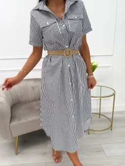 Grafitowo-Biała Sukienka w Paski 13975-102-C|Modna Kiecka Discount