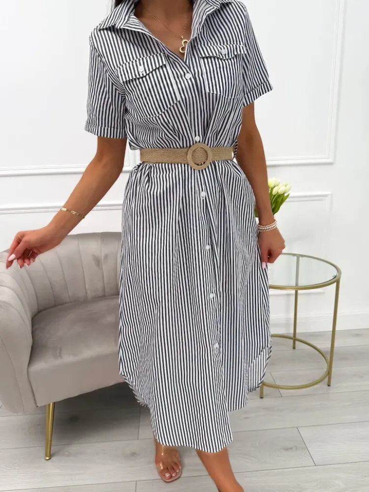 Grafitowo-Biała Sukienka w Paski 13975-102-C|Modna Kiecka Discount