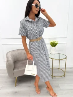 Grafitowo-Biała Sukienka w Paski 13975-102-C|Modna Kiecka Discount