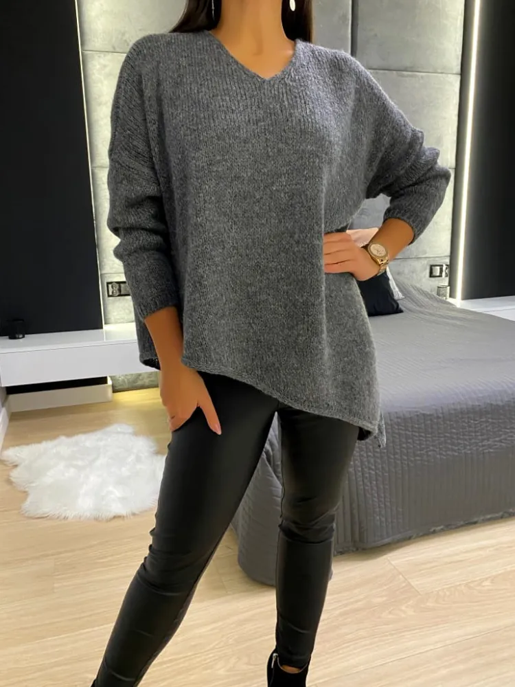 Grafitowy Asymetryczny Sweterek 11752-349-B|Modna Kiecka Discount