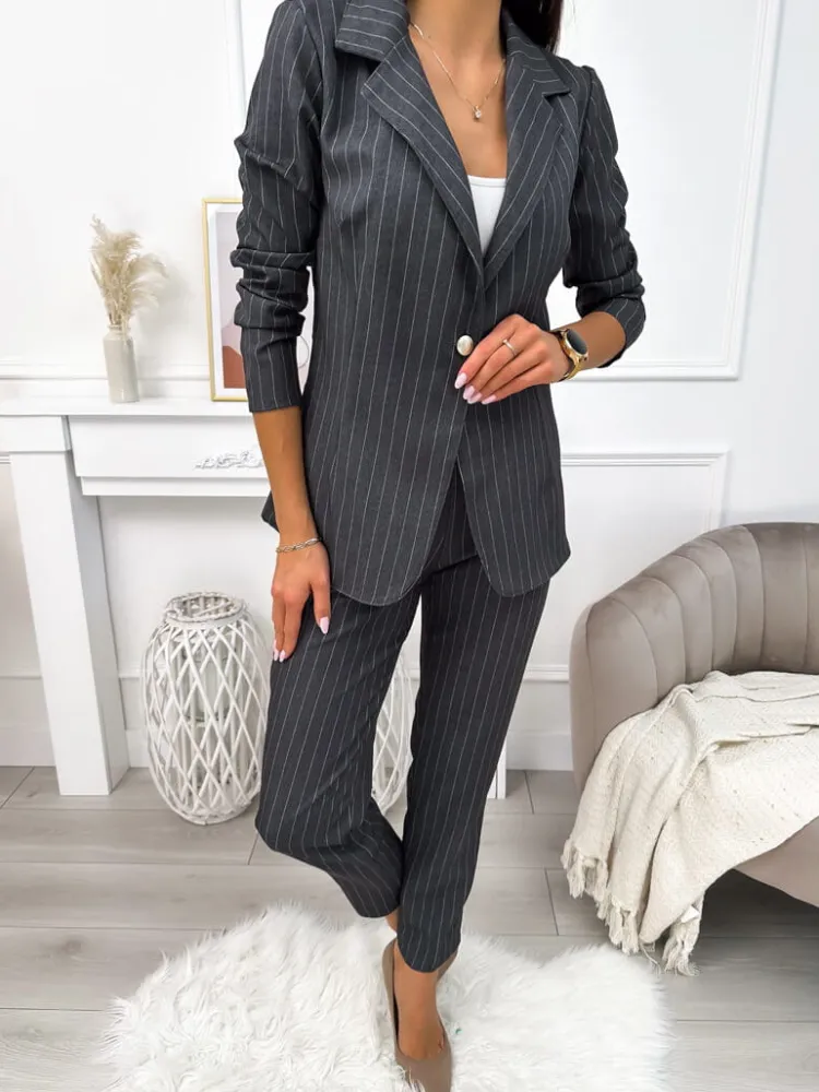 Grafitowy Komplet Marynarka +Spodnie 11102-501-D|Modna Kiecka Fashion
