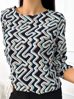 Granatowa Bluzka w Kolorowy Wzór 12951-351|Modna Kiecka New