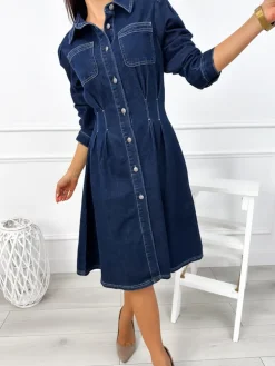 Granatowa Jeansowa Sukienka  12865-531-Q|Modna Kiecka Discount