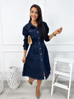 Granatowa Jeansowa Sukienka  12865-531-Q|Modna Kiecka Discount