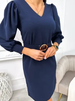 Granatowa Klasyczna Sukienka z Paskiem 11812-154-C|Modna Kiecka Outlet