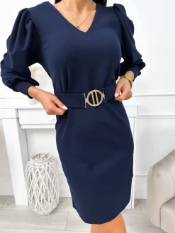 Granatowa Klasyczna Sukienka z Paskiem 11812-154-C|Modna Kiecka Outlet